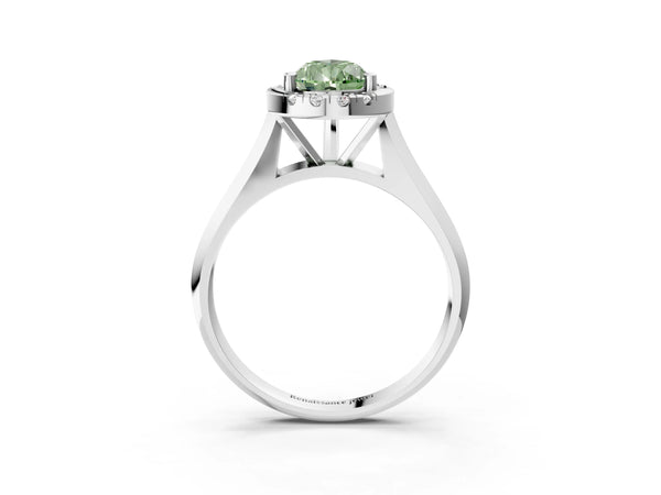 White gold Fancy Green Pear  Cut Halo Solitaire Engagement Ring with Square Band and Four-Prong Setting