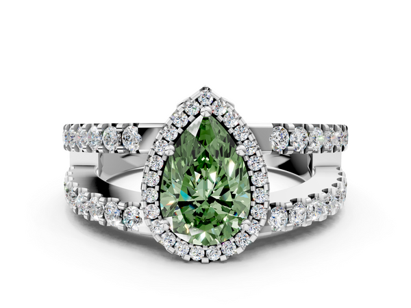 Platinum Fancy Green Pear  Cut Halo Split Shank Diamond Ring with Four-Prong Setting
