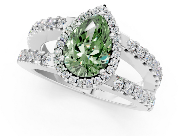 Platinum Fancy Green Pear  Cut Halo Split Shank Diamond Ring with Four-Prong Setting