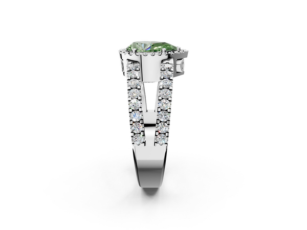 Platinum Fancy Green Pear  Cut Halo Split Shank Diamond Ring with Four-Prong Setting