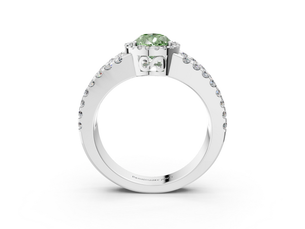 Platinum Fancy Green Pear  Cut Halo Split Shank Diamond Ring with Four-Prong Setting