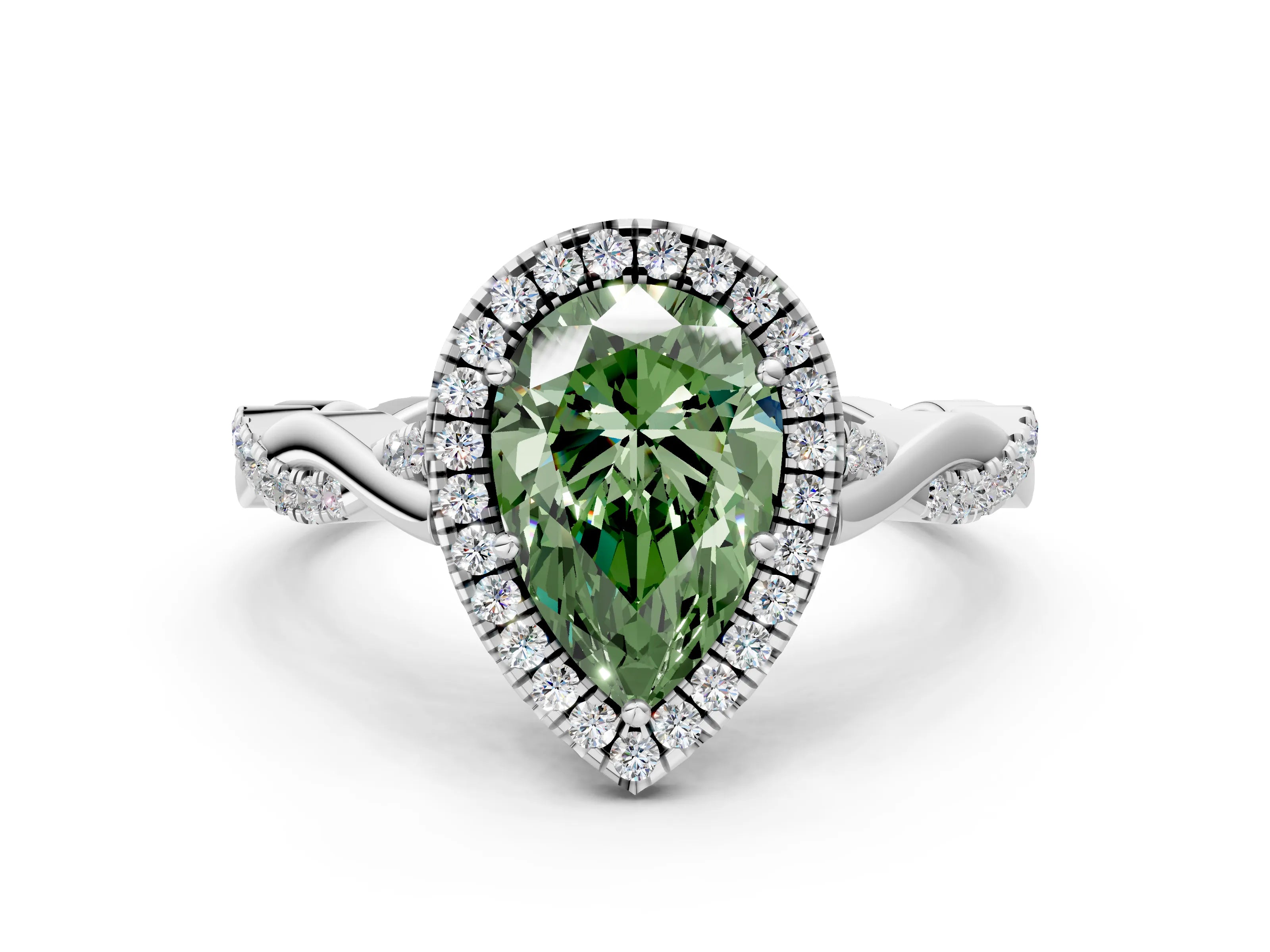 White gold Fancy Green Pear Cut Halo Twist Band with Four-Prong Setting