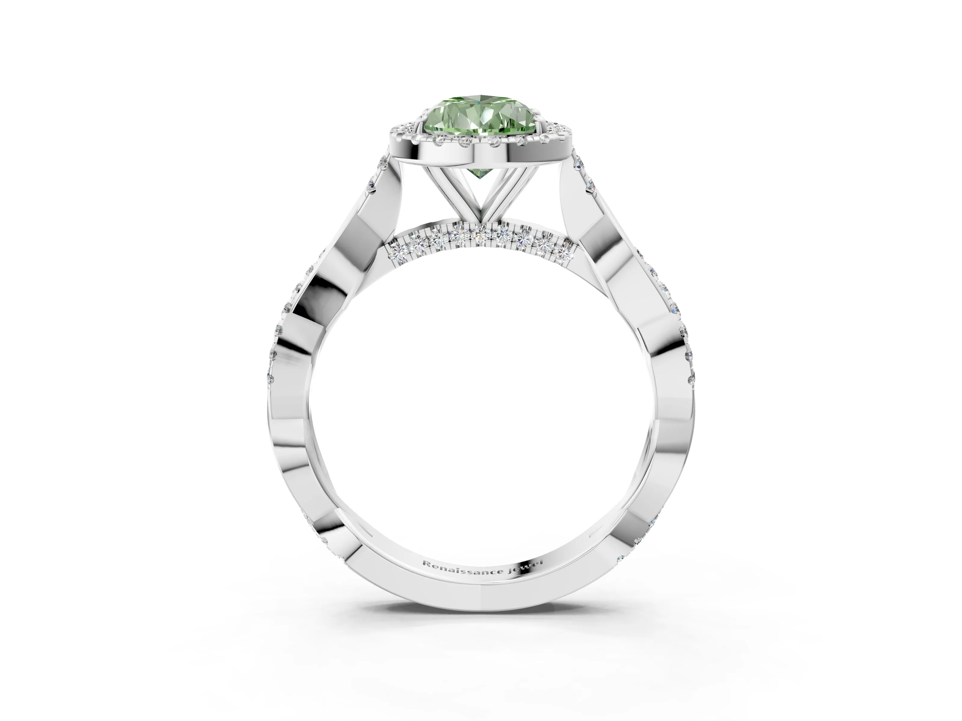 White gold Fancy Green Pear Cut Halo Twist Band with Four-Prong Setting_3