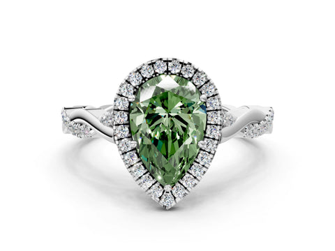 White gold Fancy Green Pear Cut Halo Twist Band with Four-Prong Setting_60