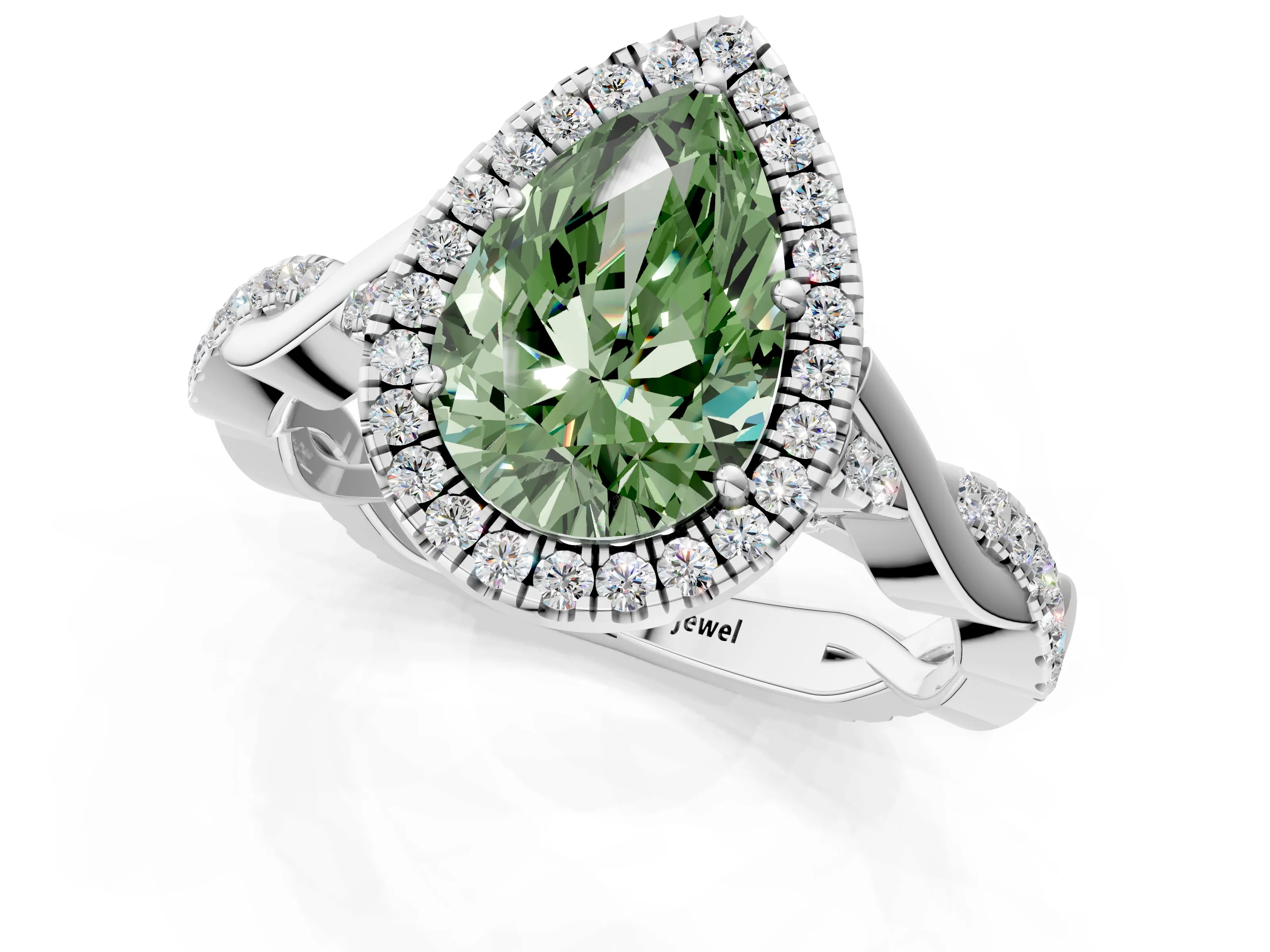 White gold Fancy Green Pear Cut Halo Twist Band with Four-Prong Setting_61