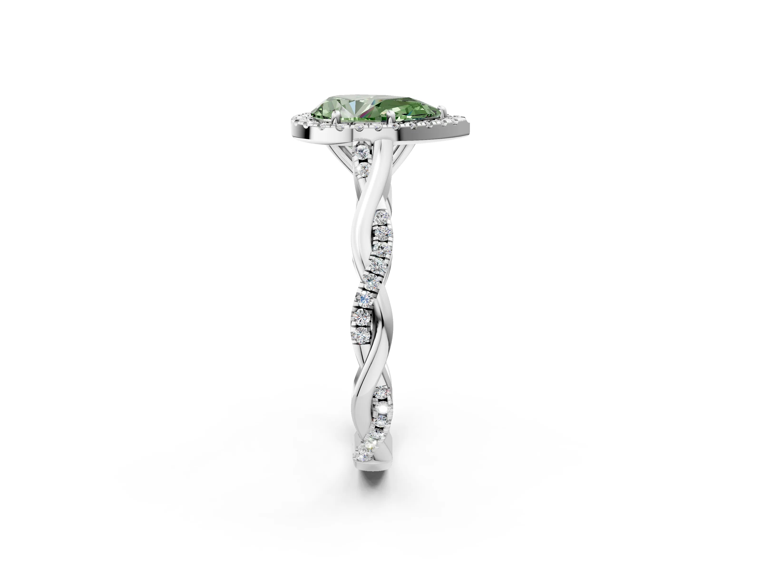 White gold Fancy Green Pear Cut Halo Twist Band with Four-Prong Setting_62