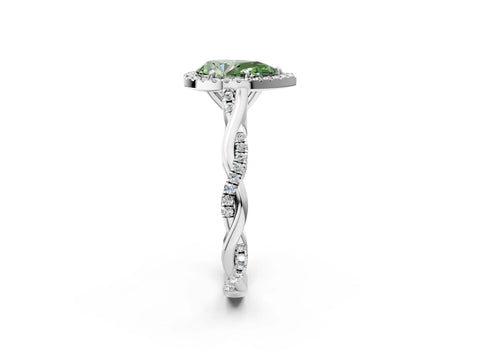 White gold Fancy Green Pear Cut Halo Twist Band with Four-Prong Setting_62