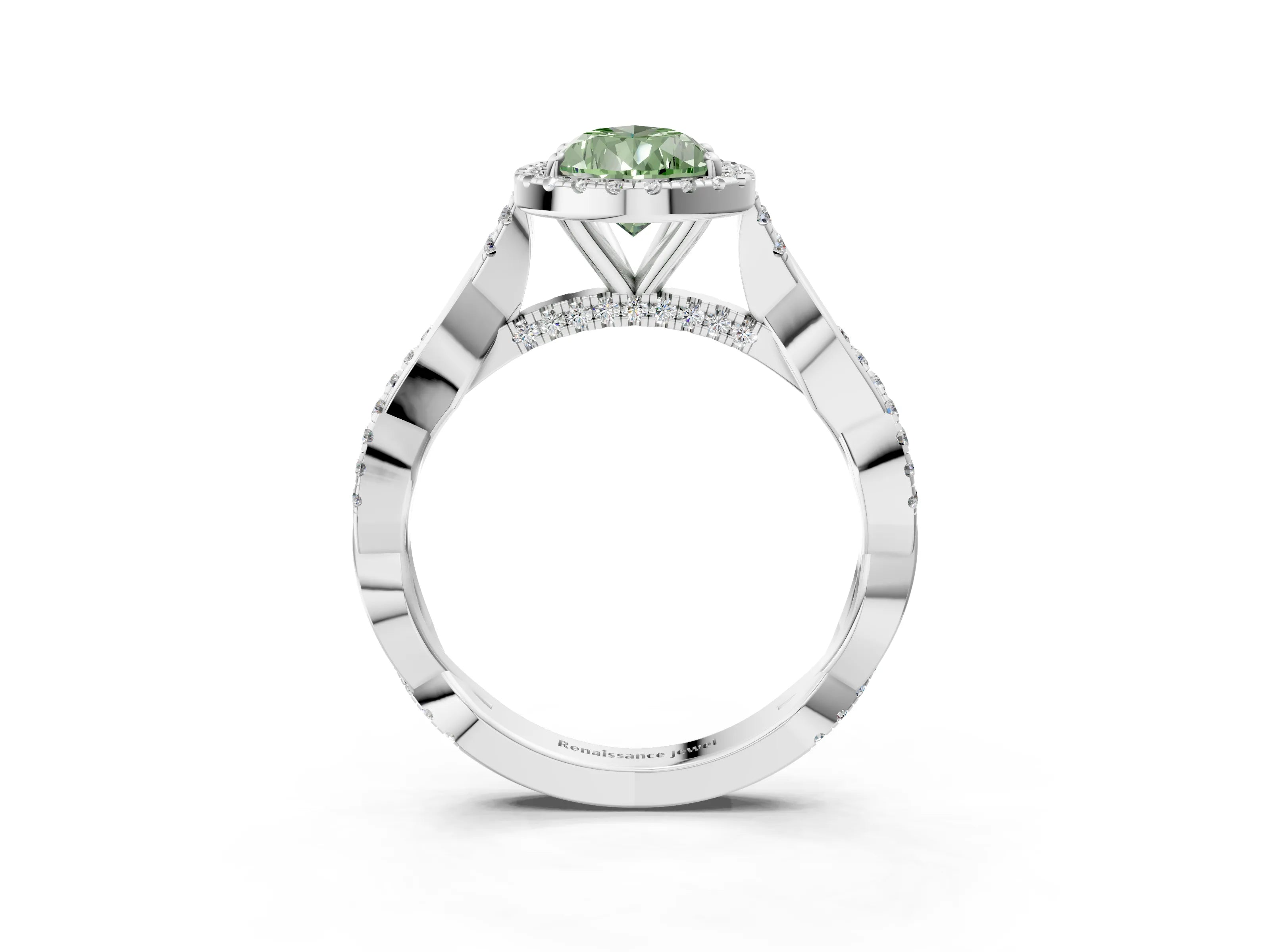 White gold Fancy Green Pear Cut Halo Twist Band with Four-Prong Setting_63