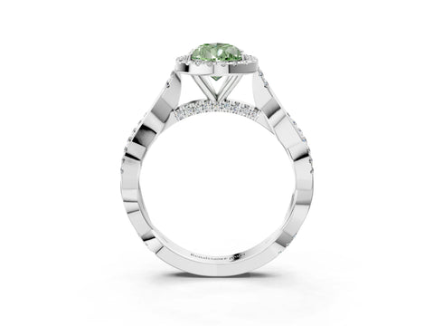 White gold Fancy Green Pear Cut Halo Twist Band with Four-Prong Setting_63