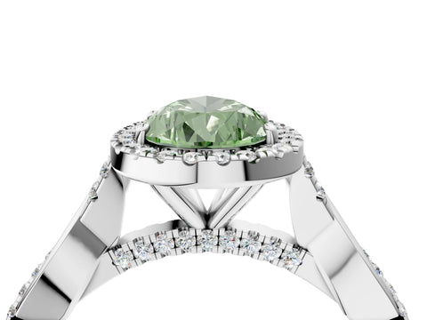 White gold Fancy Green Pear Cut Halo Twist Band with Four-Prong Setting_64