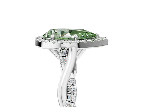 White gold Fancy Green Pear Cut Halo Twist Band with Four-Prong Setting_65