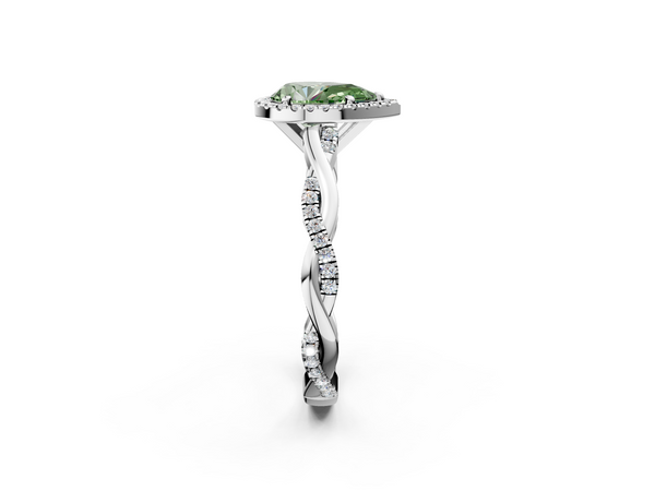 Platinum Fancy Green Pear  Cut Halo Twisted Band Four-Prong Ring