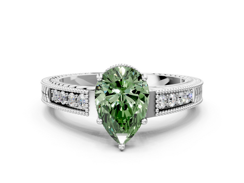 White gold Fancy Green Pear  Cut Milgrain Channel Set Engagement Ring with Solitaire Prong Setting_48