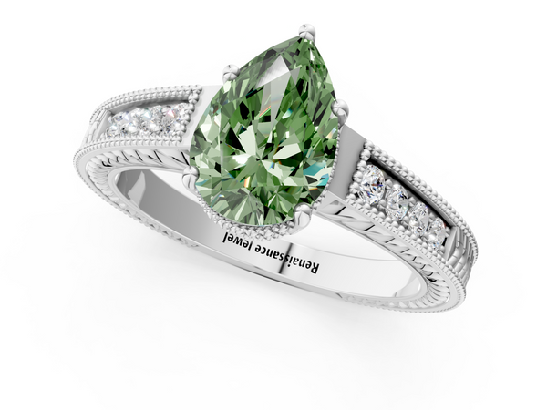 White gold Fancy Green Pear Cut Diamond Engagement Ring with Milgrain Channel Set Band and Prong Setting