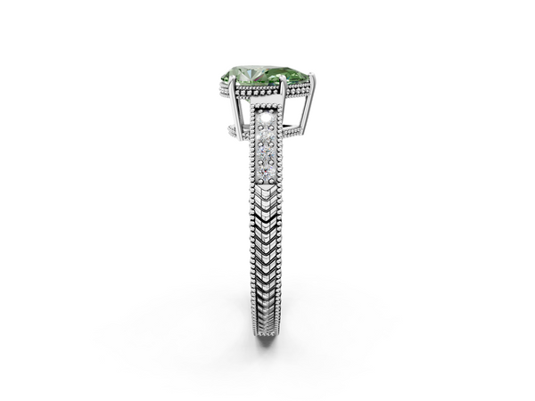 White gold Fancy Green Pear Cut Diamond Engagement Ring with Milgrain Channel Set Band and Prong Setting