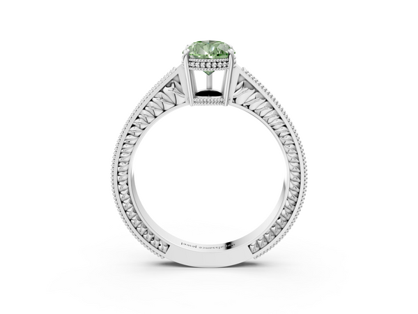 White gold Fancy Green Pear Cut Diamond Engagement Ring with Milgrain Channel Set Band and Prong Setting
