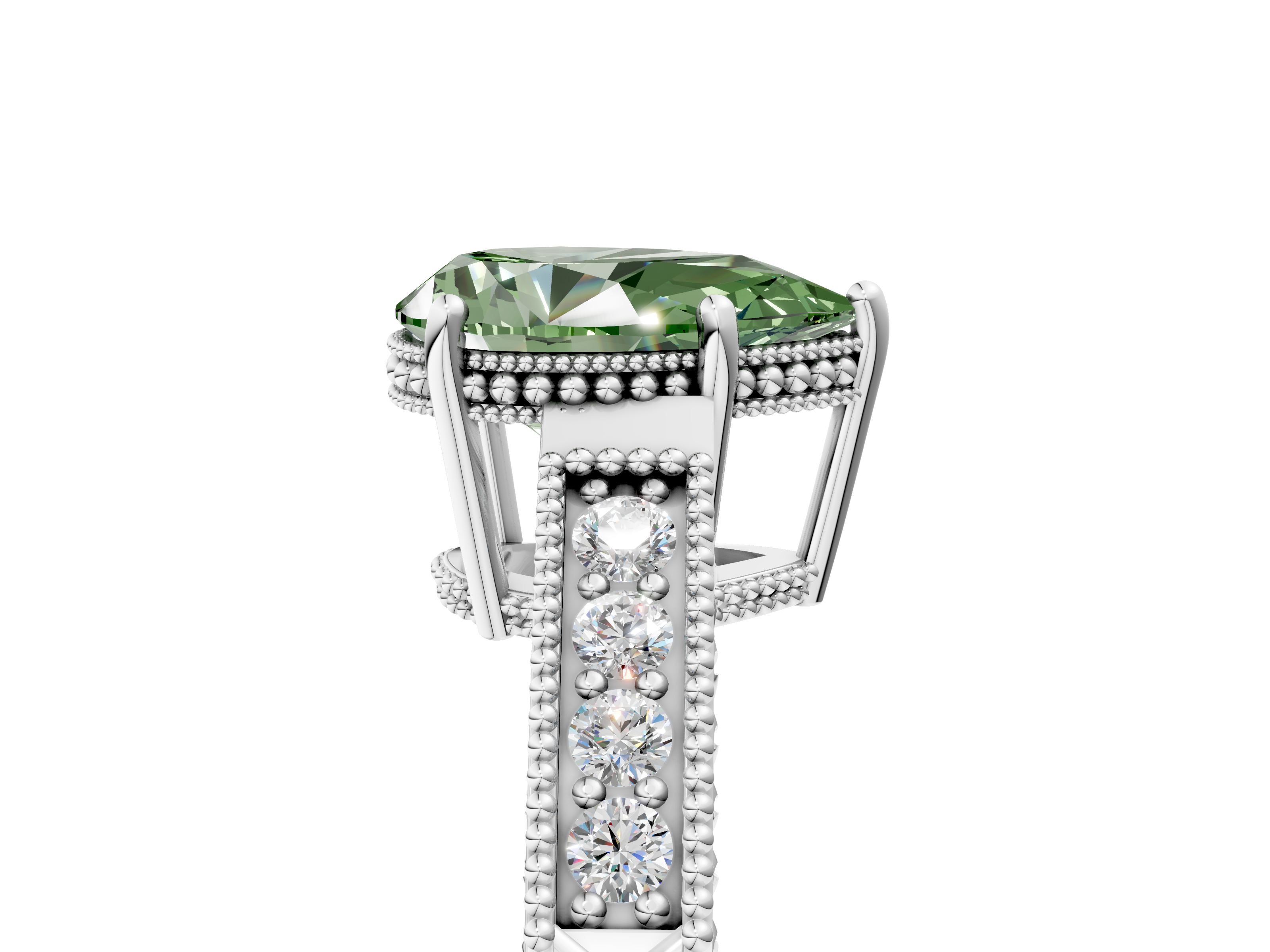 White gold Fancy Green Pear  Cut Milgrain Channel Set Engagement Ring with Solitaire Prong Setting_53