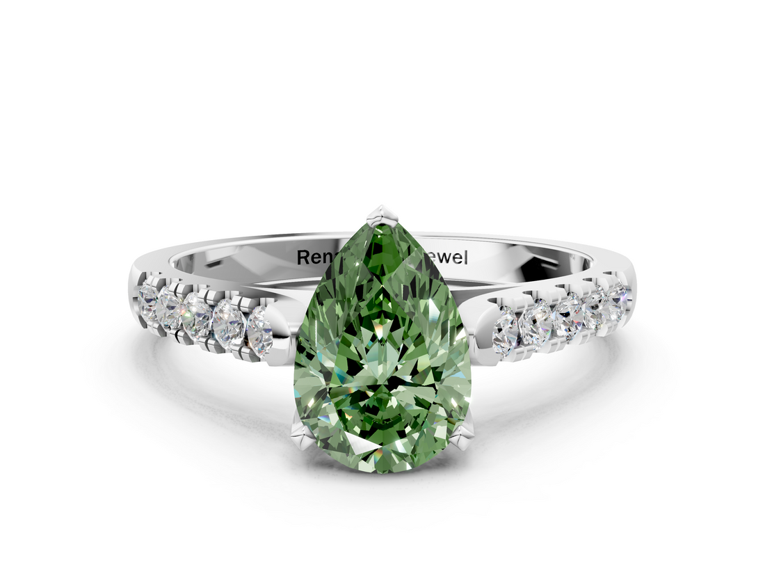 White gold Fancy Green Pear  Cut Pavé Band Solitaire Ring with Four-Prong Setting_20