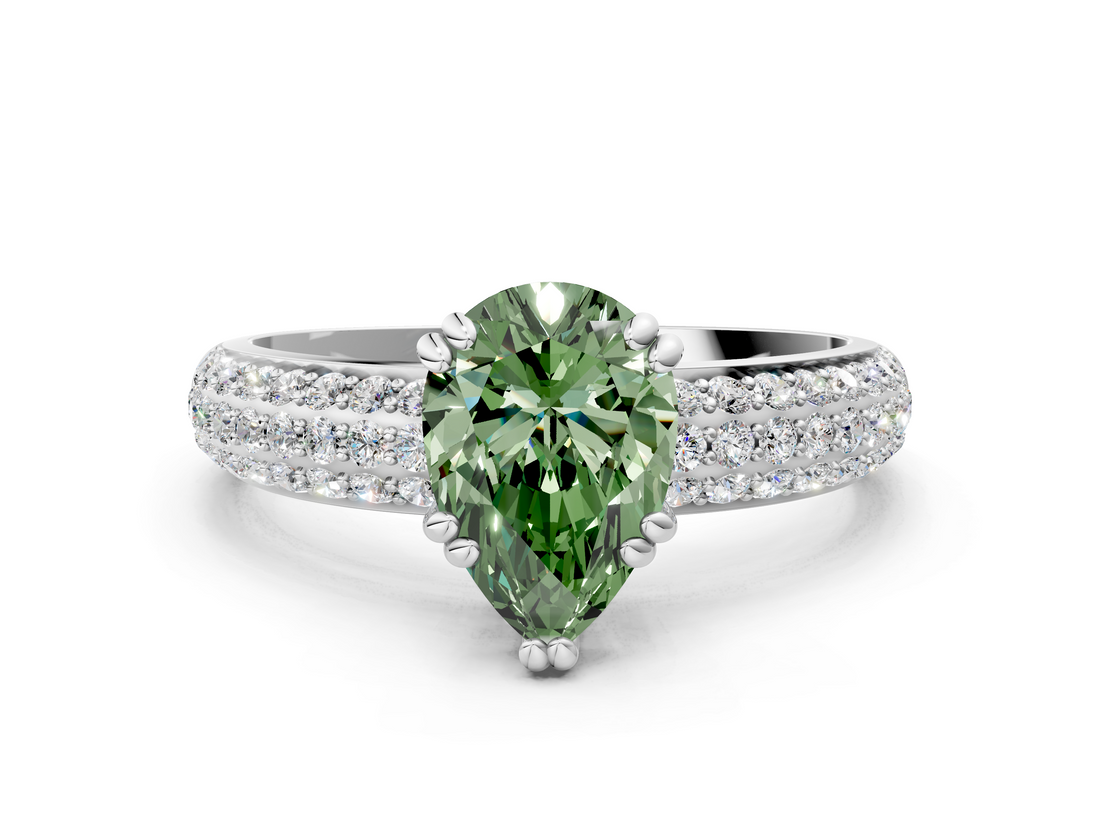 White gold Fancy Green Pear  Cut Pave Diamond Engagement Ring with Channel Set Band and Four-Prong Setting_20