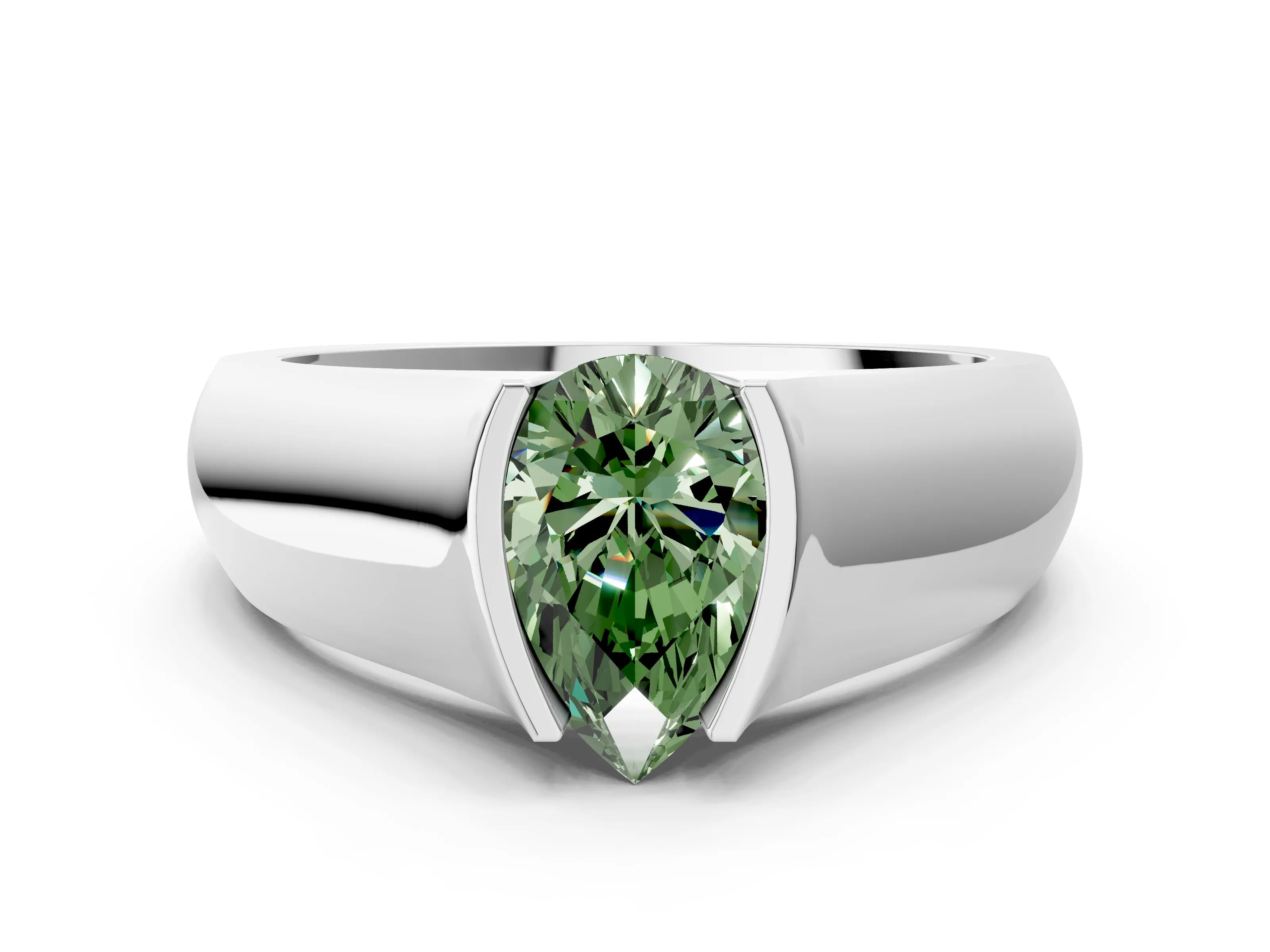 White gold Fancy Green Pear Cut Solitaire Bezel Set Diamond Ring with Wide Band_12