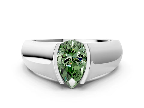 White gold Fancy Green Pear Cut Solitaire Bezel Set Diamond Ring with Wide Band_12