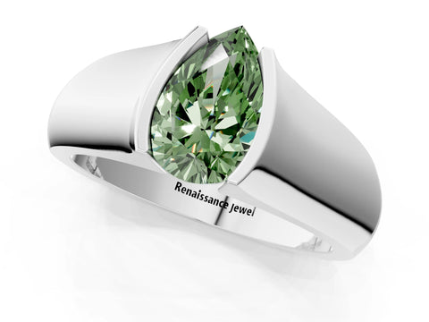 White gold Fancy Green Pear Cut Solitaire Bezel Set Diamond Ring with Wide Band_13