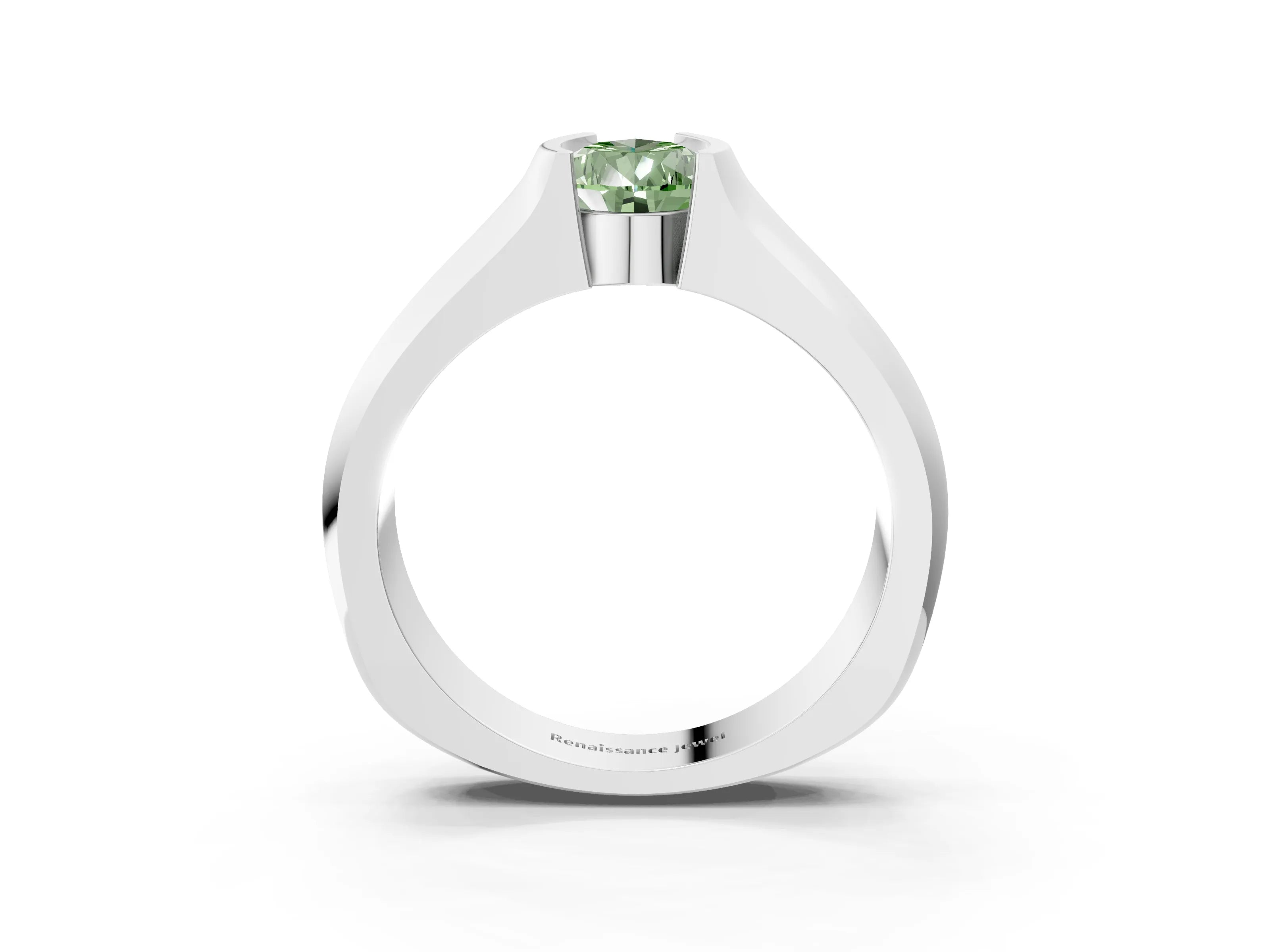 White gold Fancy Green Pear Cut Solitaire Bezel Set Diamond Ring with Wide Band_15