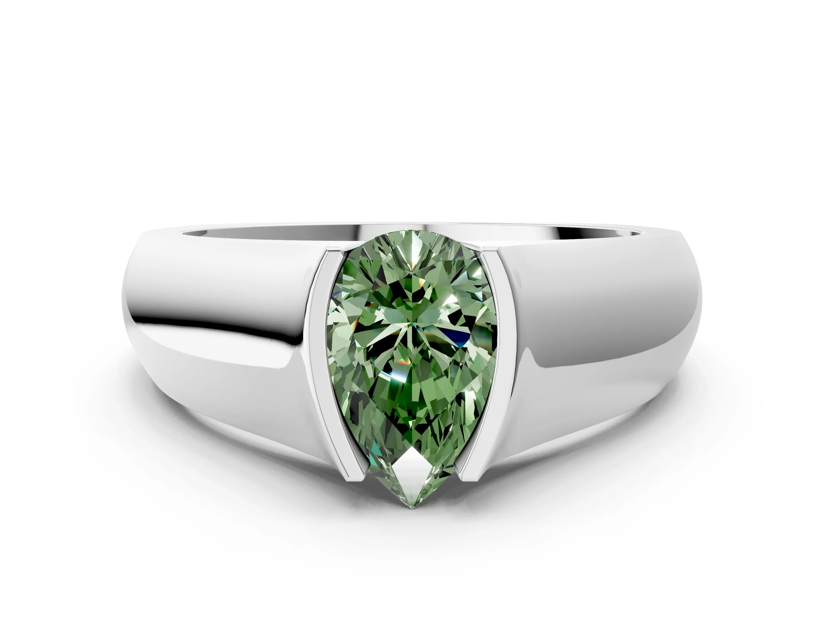 White gold Fancy Green Pear Cut Solitaire Bezel Set Diamond Ring with Wide Band