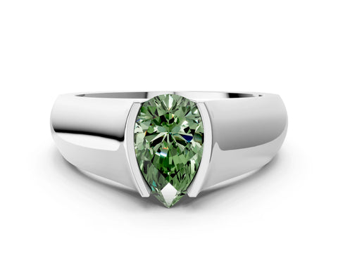 White gold Fancy Green Pear Cut Solitaire Bezel Set Diamond Ring with Wide Band