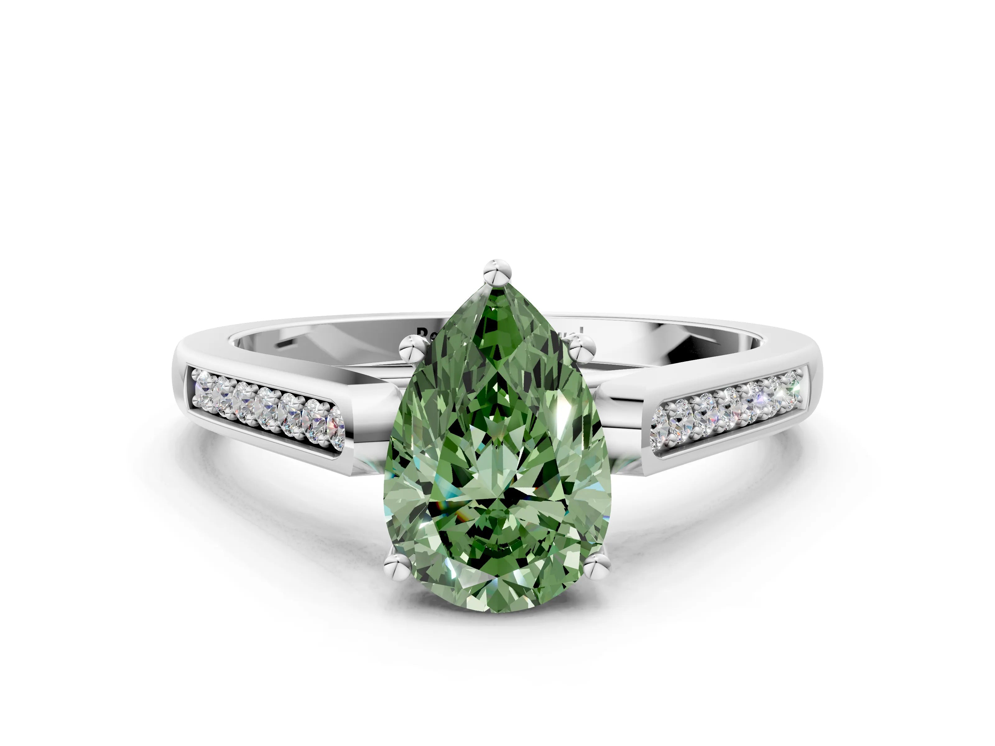 White gold Fancy Green Pear Cut Solitaire Cathedral Diamond Engagement Ring with Channel-Set Band and Four-Prong Setting_15