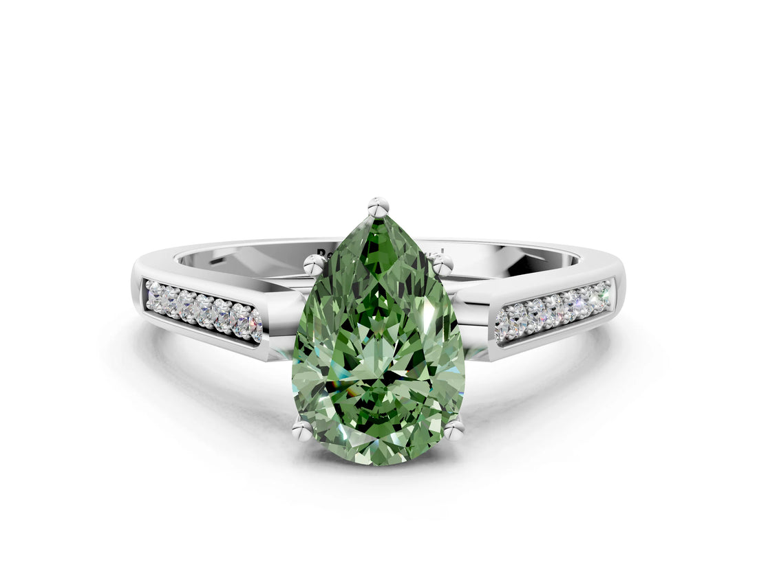 White gold Fancy Green Pear Cut Solitaire Cathedral Diamond Engagement Ring with Channel-Set Band and Four-Prong Setting_15
