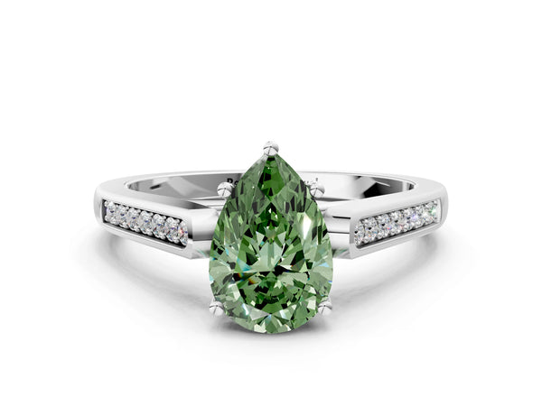 White gold Fancy Green Pear Cut Solitaire Cathedral Diamond Engagement Ring with Channel-Set Band and Four-Prong Setting