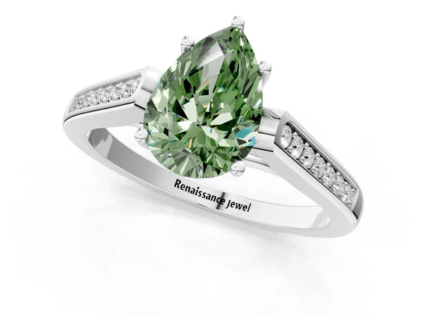 White gold Fancy Green Pear Cut Solitaire Cathedral Diamond Engagement Ring with Channel-Set Band and Four-Prong Setting