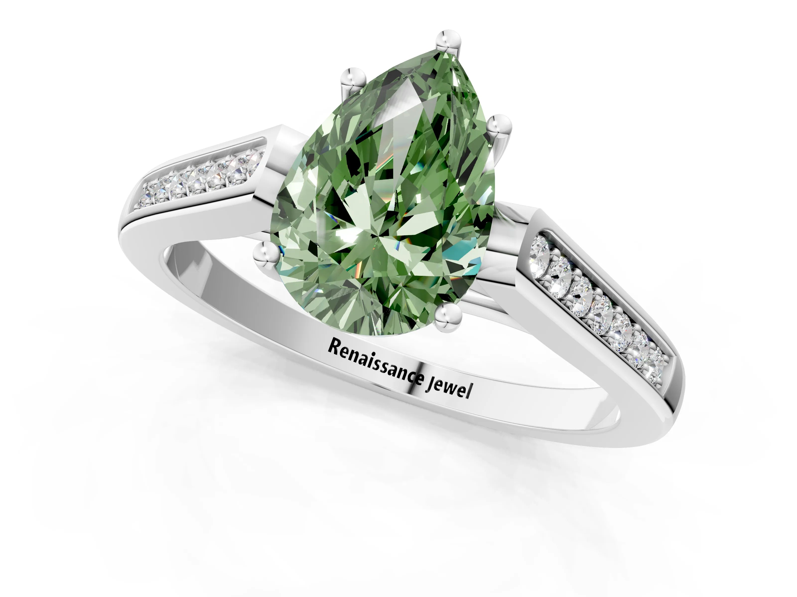 White gold Fancy Green Pear Cut Solitaire Cathedral Diamond Engagement Ring with Channel-Set Band and Four-Prong Setting_16