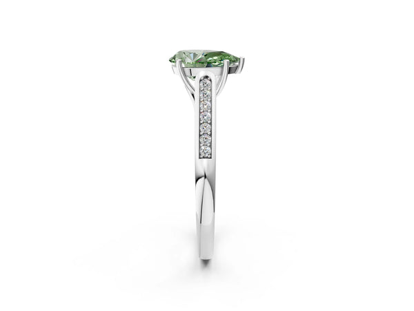 White gold Fancy Green Pear Cut Solitaire Cathedral Diamond Engagement Ring with Channel-Set Band and Four-Prong Setting