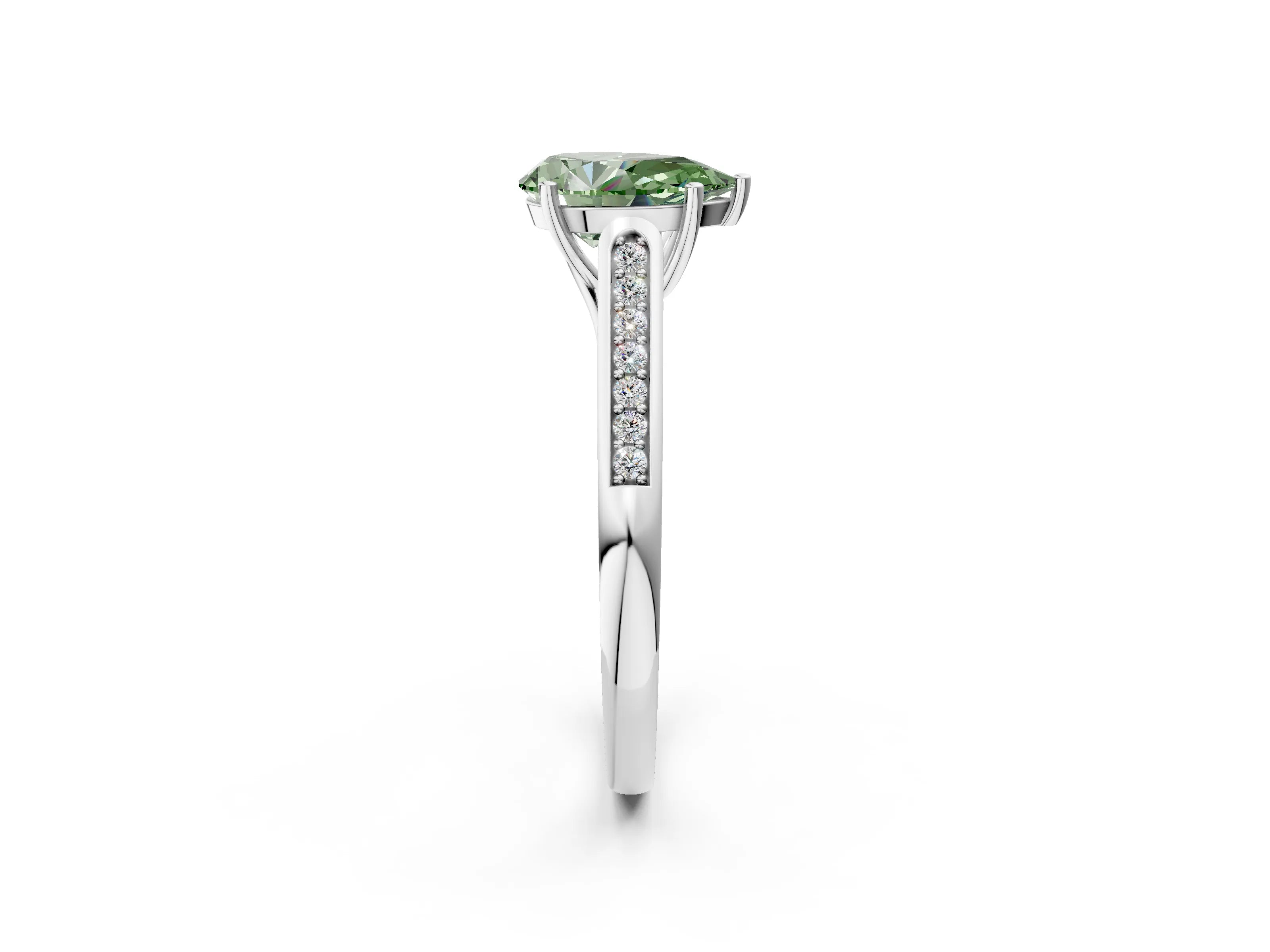 White gold Fancy Green Pear Cut Solitaire Cathedral Diamond Engagement Ring with Channel-Set Band and Four-Prong Setting_17
