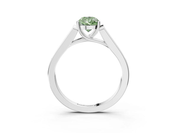 White gold Fancy Green Pear Cut Solitaire Cathedral Diamond Engagement Ring with Channel-Set Band and Four-Prong Setting