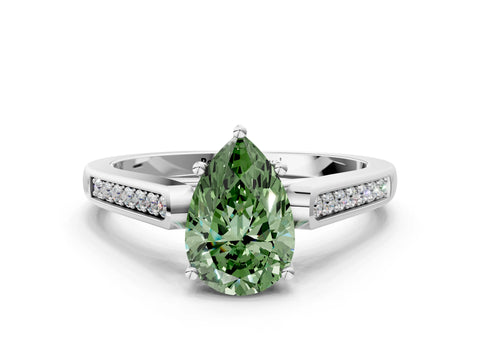 White gold Fancy Green Pear Cut Solitaire Cathedral Diamond Engagement Ring with Channel-Set Band and Four-Prong Setting_3