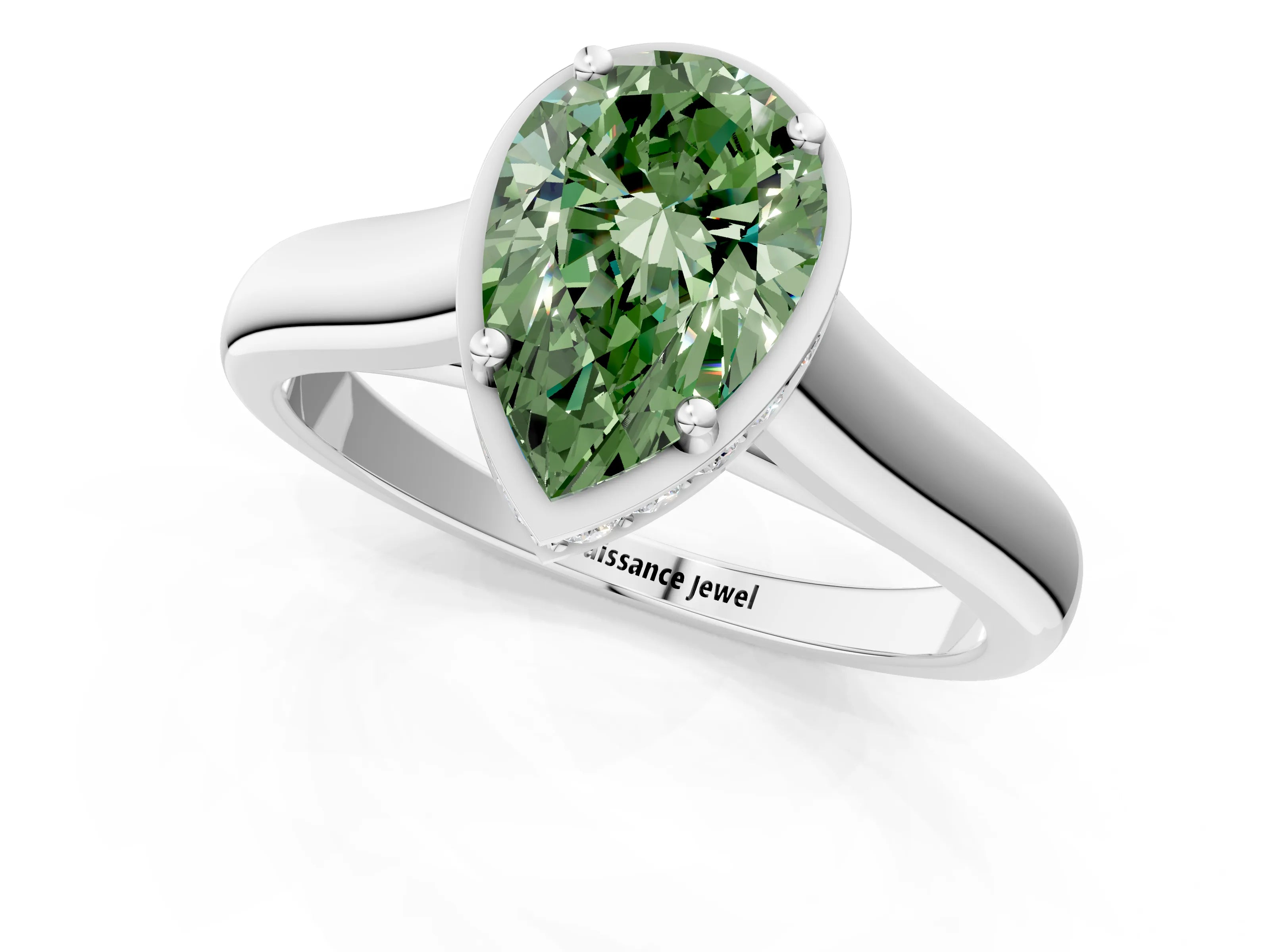 White gold Fancy Green Pear Cut Solitaire Diamond Engagement Ring with Four-Prong Setting and Tapered Band_1