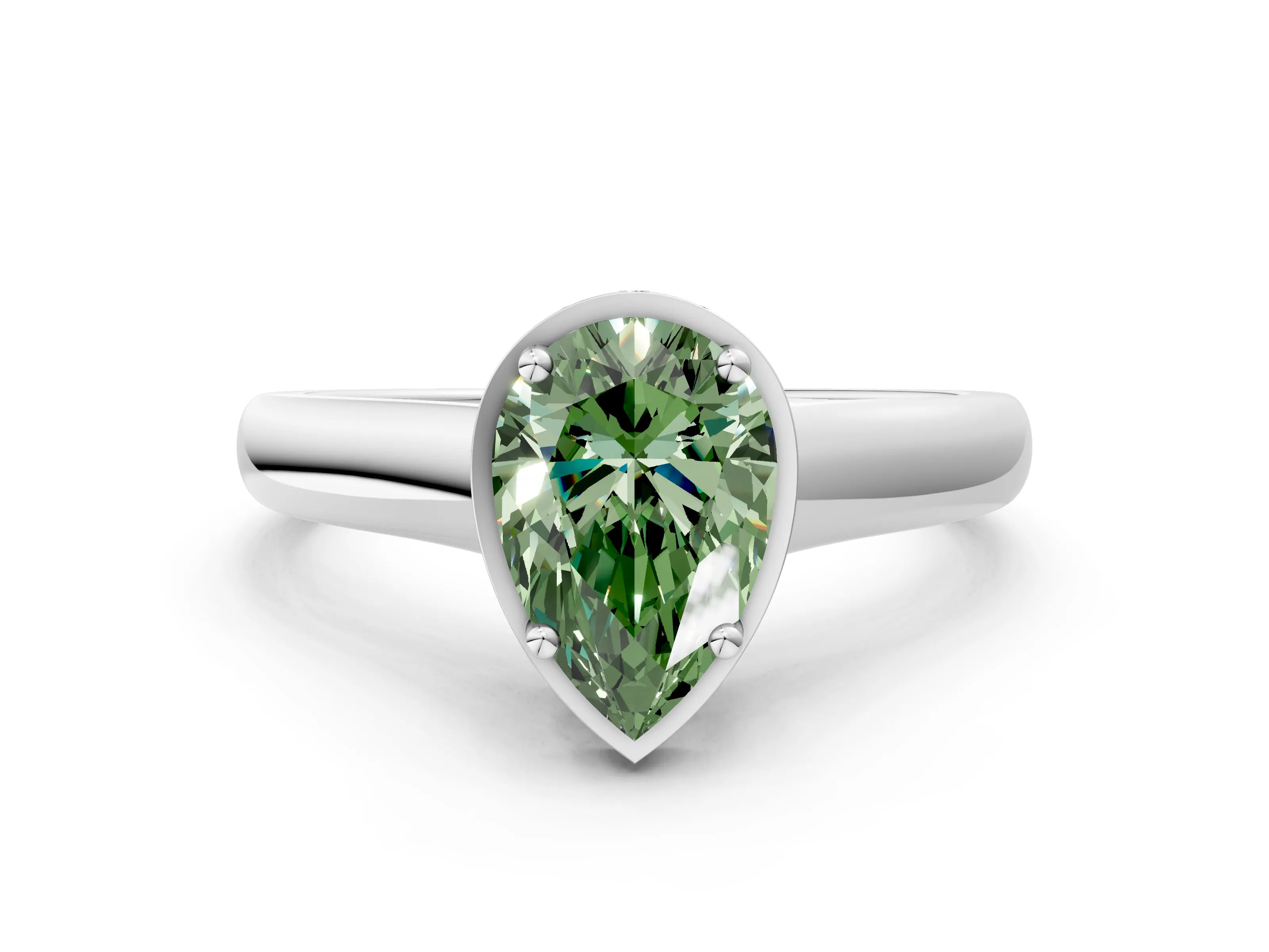 White gold Fancy Green Pear Cut Solitaire Diamond Engagement Ring with Four-Prong Setting and Tapered Band_12