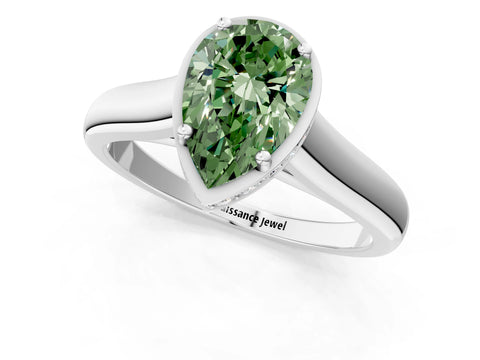 White gold Fancy Green Pear Cut Solitaire Diamond Engagement Ring with Four-Prong Setting and Tapered Band_13