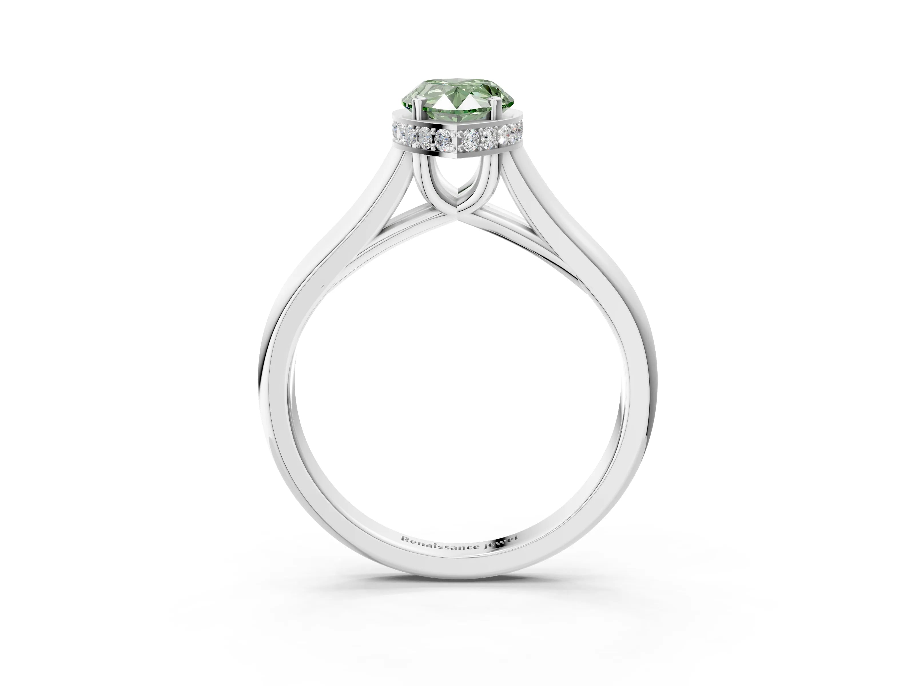 White gold Fancy Green Pear Cut Solitaire Diamond Engagement Ring with Four-Prong Setting and Tapered Band_15