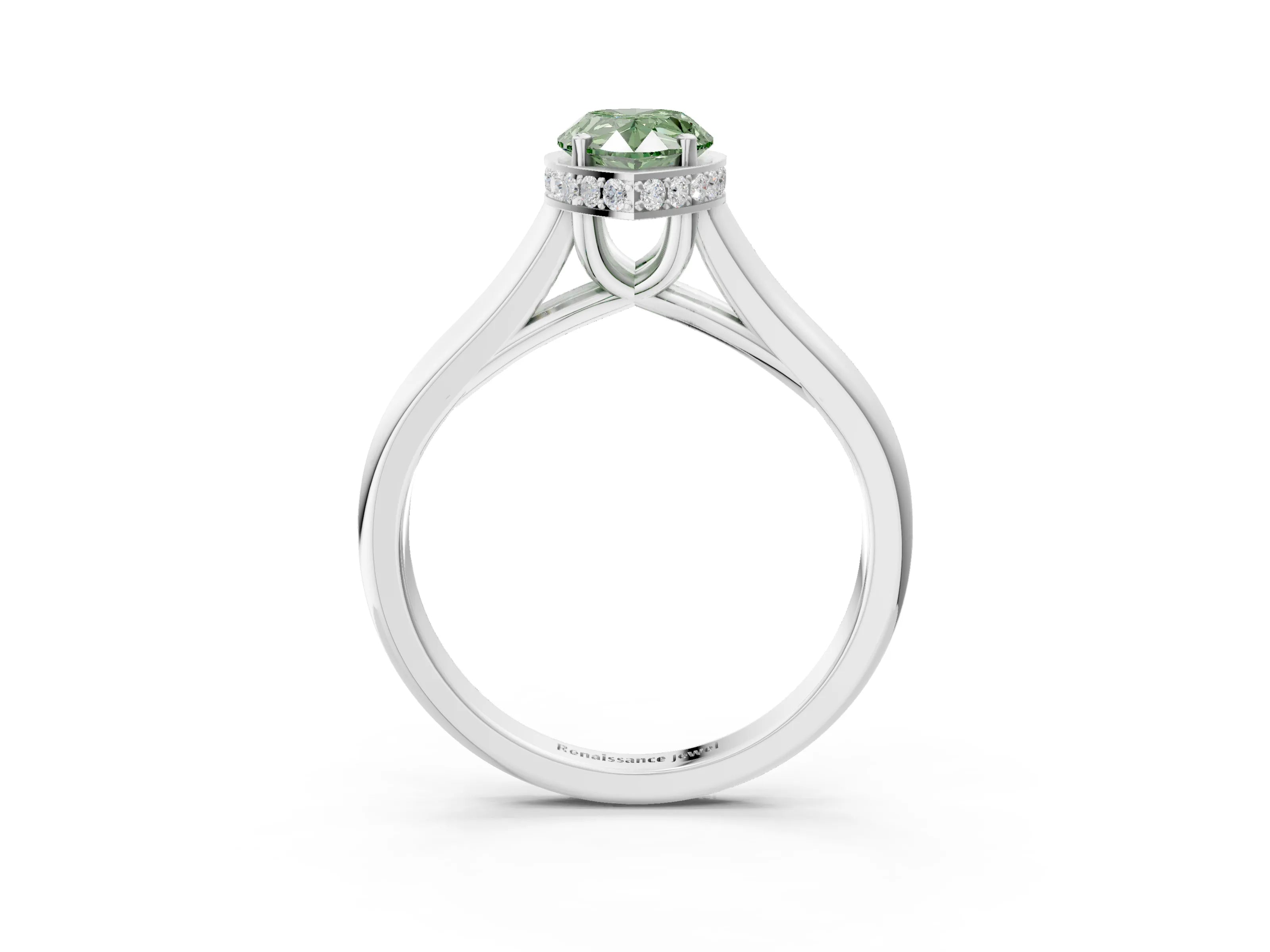 White gold Fancy Green Pear Cut Solitaire Diamond Engagement Ring with Four-Prong Setting and Tapered Band_3