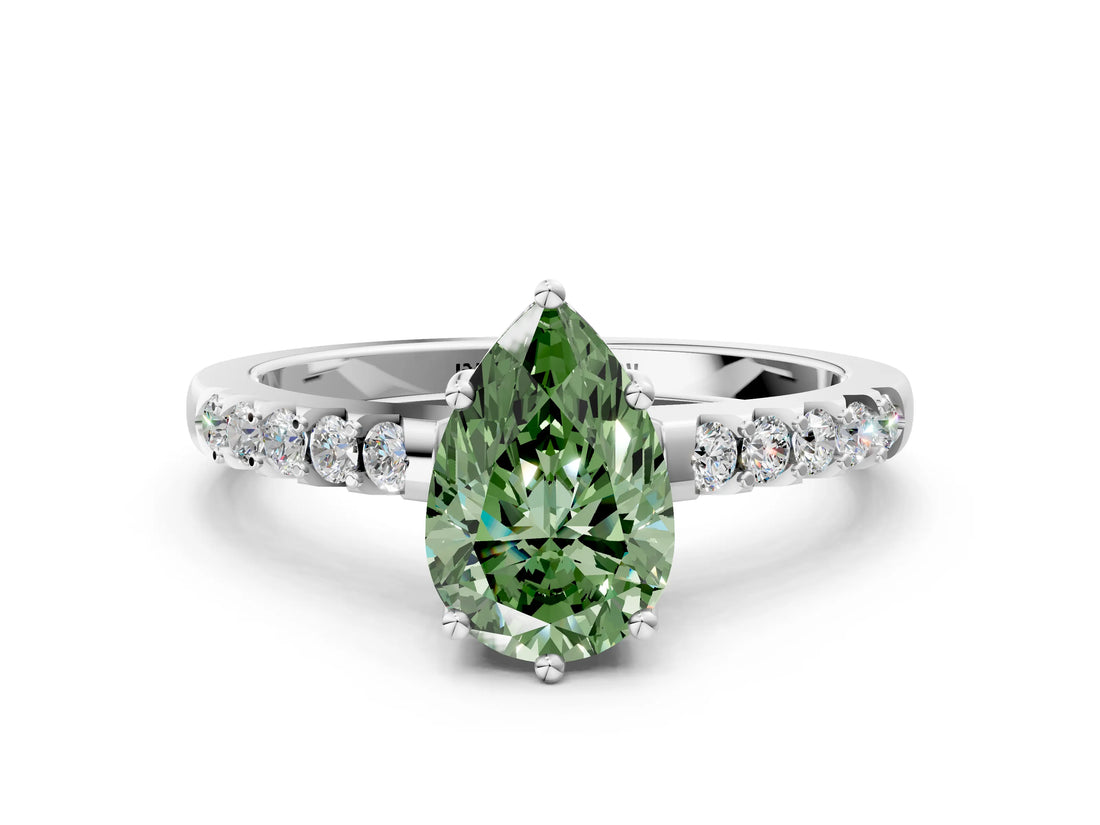 White gold Fancy Green Pear Cut Solitaire Diamond Engagement Ring with Pavé Band and Six-Prong Setting_12