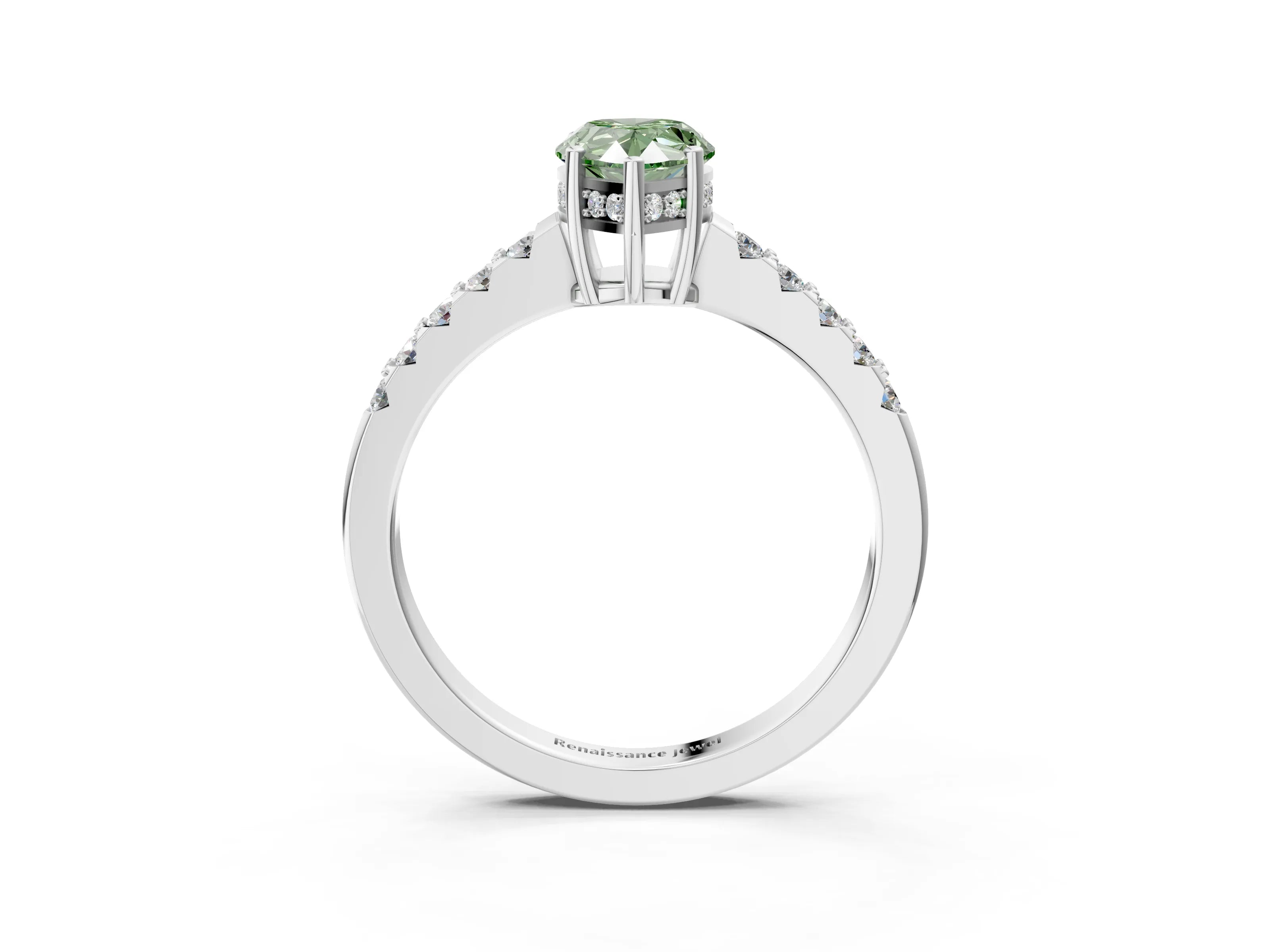 White gold Fancy Green Pear Cut Solitaire Diamond Engagement Ring with Pavé Band and Six-Prong Setting_15