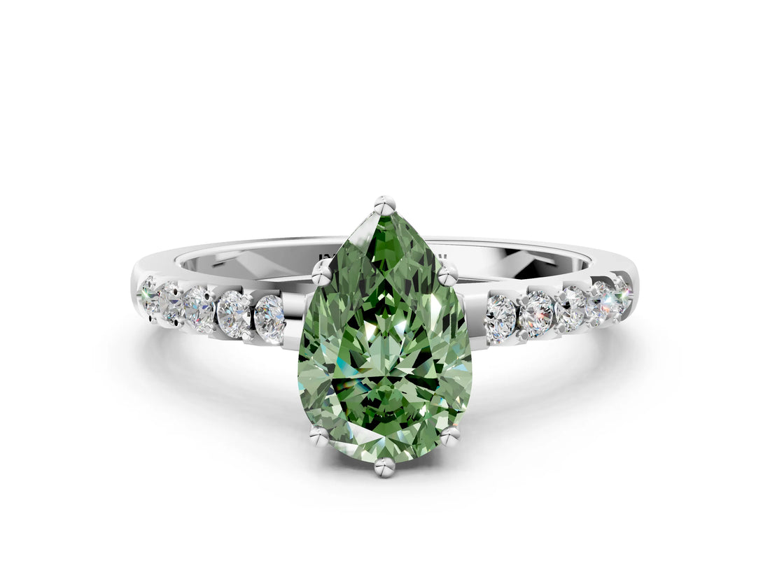 White gold Fancy Green Pear Cut Solitaire Diamond Engagement Ring with Pavé Band and Six-Prong Setting_24