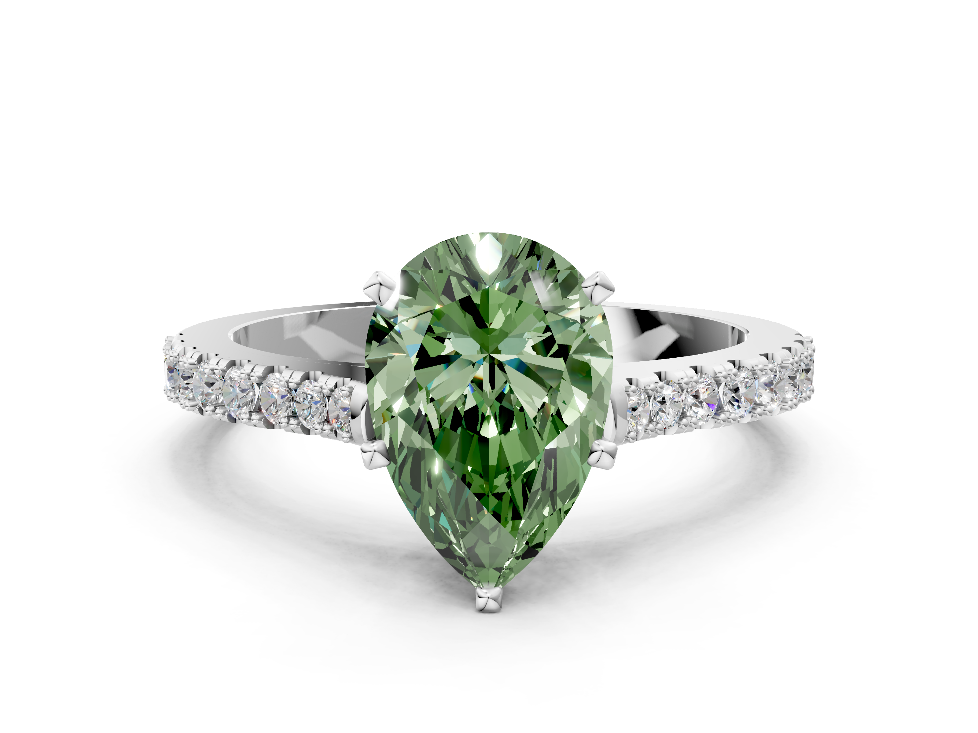 White gold Fancy Green Pear  Cut Solitaire Diamond Engagement Ring with Pave Band and Four-Prong Setting_159