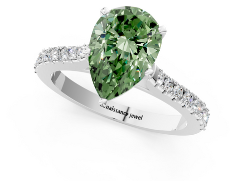 White gold Fancy Green Pear  Cut Solitaire Diamond Engagement Ring with Pave Band and Four-Prong Setting_160