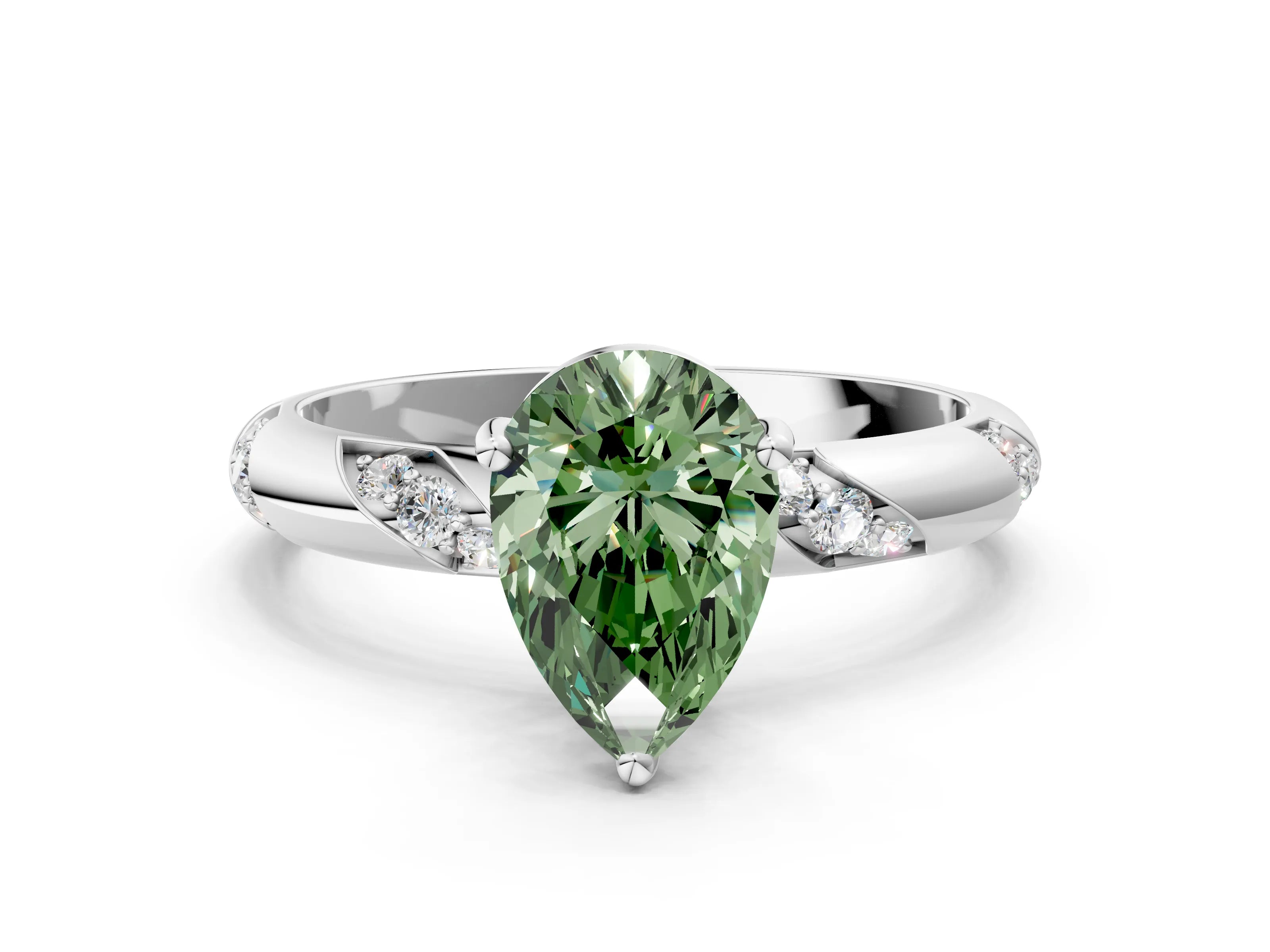 White gold Fancy Green Pear Cut Solitaire Diamond Engagement Ring with Twisted Pave Band and Four-Prong Setting_19