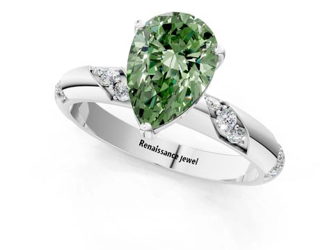 White gold Fancy Green Pear Cut Solitaire Diamond Engagement Ring with Twisted Pave Band and Four-Prong Setting_20